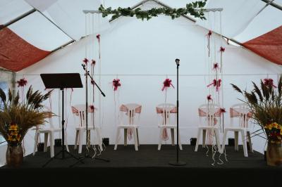 Miniature DJ Gagny (Seine-Saint-Denis) - Jour Précieux #21 Une femme en robe blanche joue de la harpe dans une salle décorée avec des plantes et des lumières.