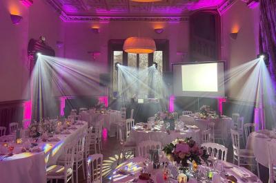 Miniature DJ Gagny (Seine-Saint-Denis) - Jour Précieux #23 Une femme en robe blanche joue de la harpe dans une salle décorée avec des plantes et des lumières.