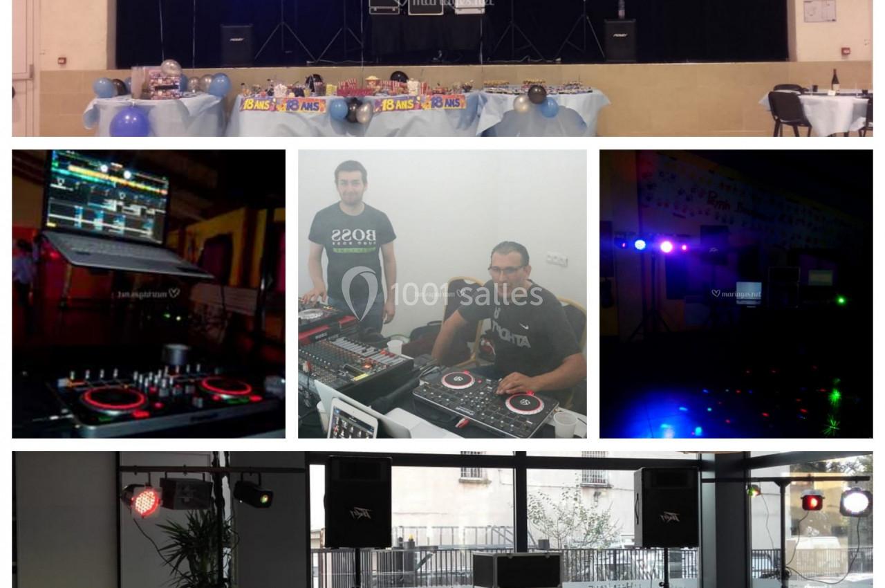 Montage de photos montrant des équipements de DJ, une salle décorée pour un anniversaire, et une installation sonore.