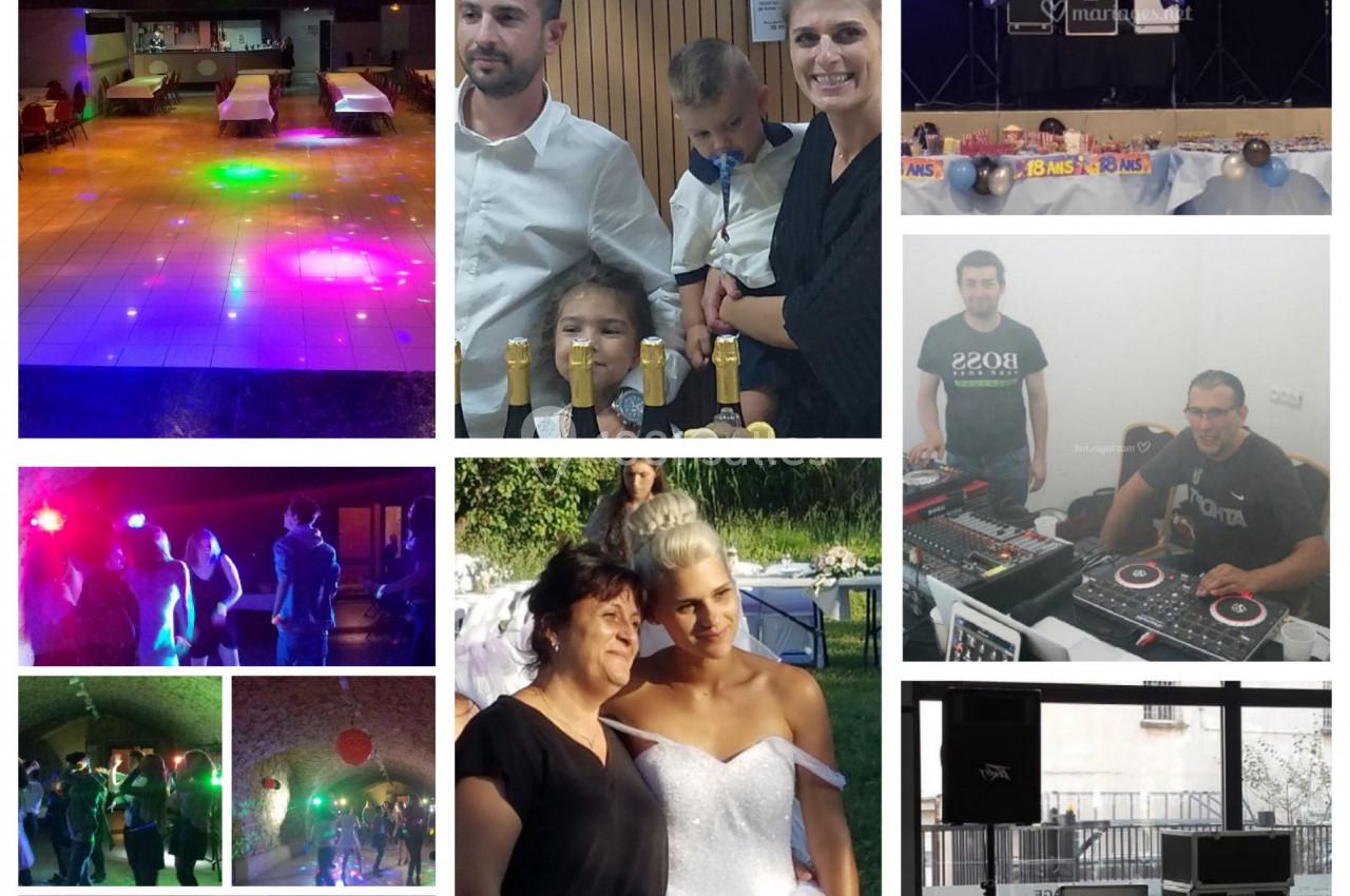 Montage photo d'une fête avec piste de danse éclairée, DJ, invités et moments festifs, incluant une mariée en robe blanche.