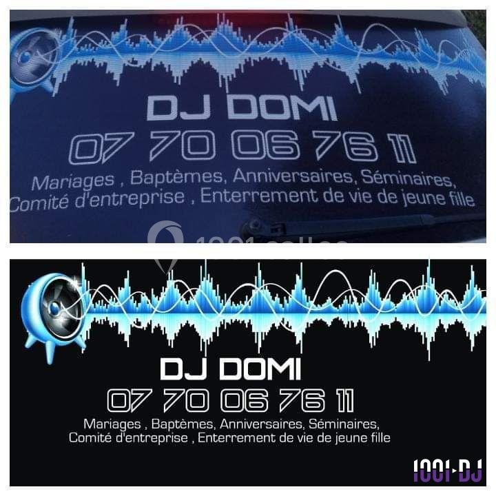 Autocollant promotionnel pour DJ avec coordonnées et services proposés, incluant mariages, baptêmes et événements divers.