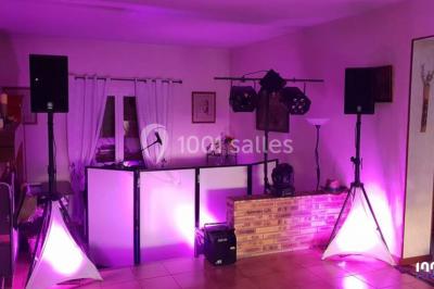 Scène éclairée avec une table de mixage, des enceintes et des affiches en arrière-plan dans une salle intérieure.