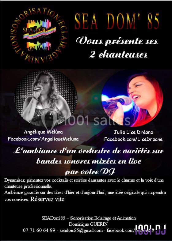 Deux chanteuses sur scène avec micros, accompagnées d'effets lumineux, promouvant un service d'animation musicale.