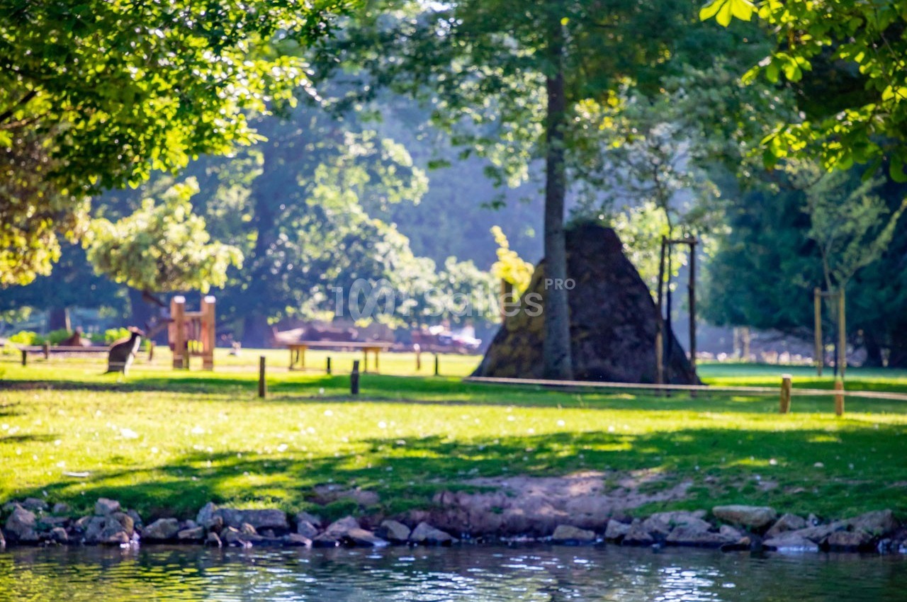 Vue d'un parc verdoyant avec des arbres, une pelouse, un plan d'eau et une structure en pierre au centre.