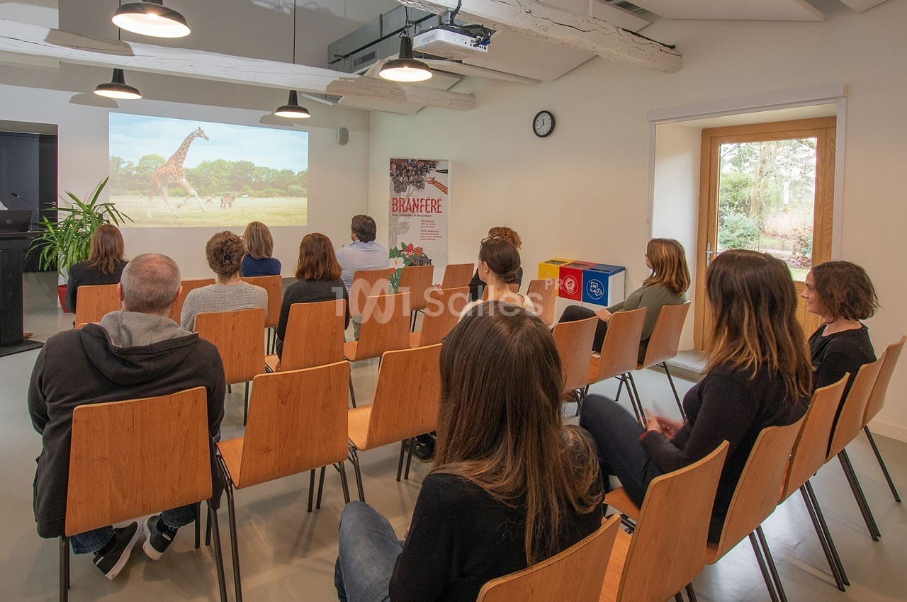 Des personnes assises dans une salle regardent une projection montrant une girafe dans un paysage naturel.