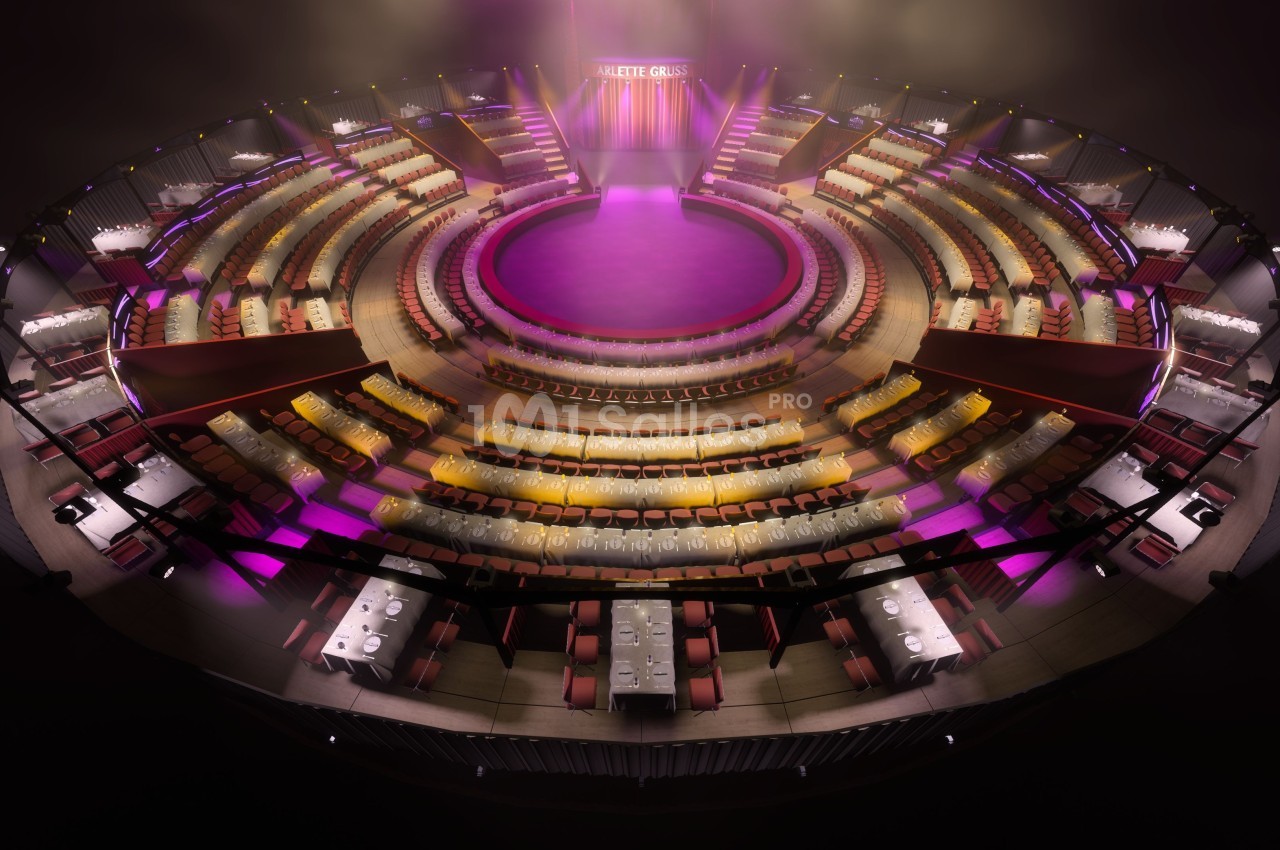 Vue d'une salle de spectacle circulaire avec des rangées de sièges et une scène centrale éclairée en rose.