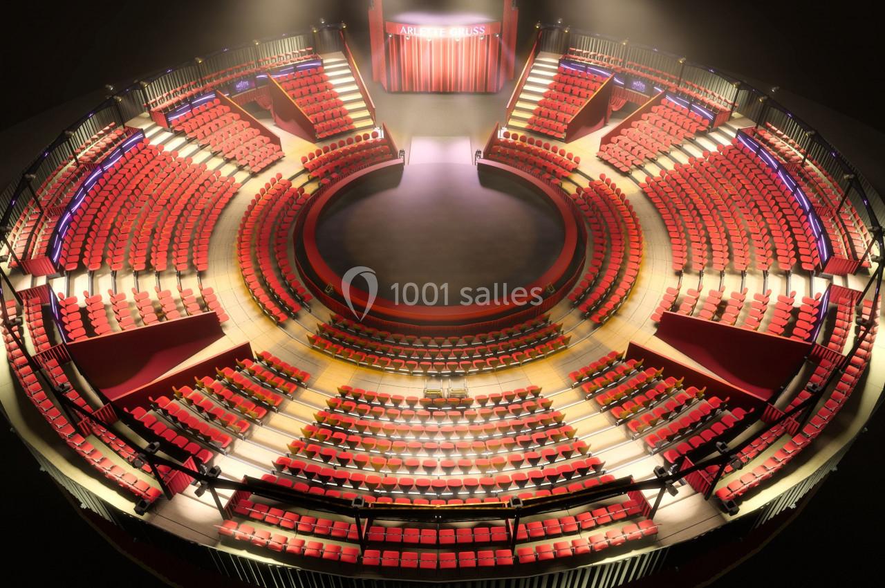 Vue d'un théâtre circulaire avec des rangées de sièges rouges entourant une scène centrale éclairée.