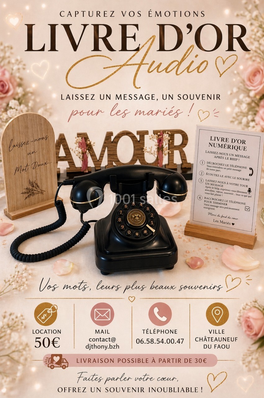 Téléphone rétro noir entouré de panneaux en bois pour messages audio et numériques, décoré d'éléments romantiques.