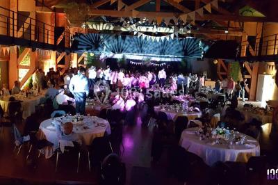 Miniature DJ Bourg-des-Comptes (Ille-et-Vilaine) - Animax 35 #17 Salle de réception décorée avec des tables rondes, nappes blanches, chaises ornées de nœuds beige et éclairage vert.