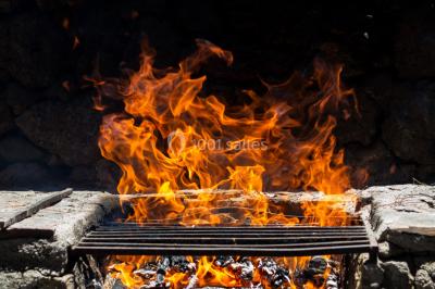 Flammes vives s'élevant d'un feu de bois sous une grille métallique, entourées de pierres sombres.