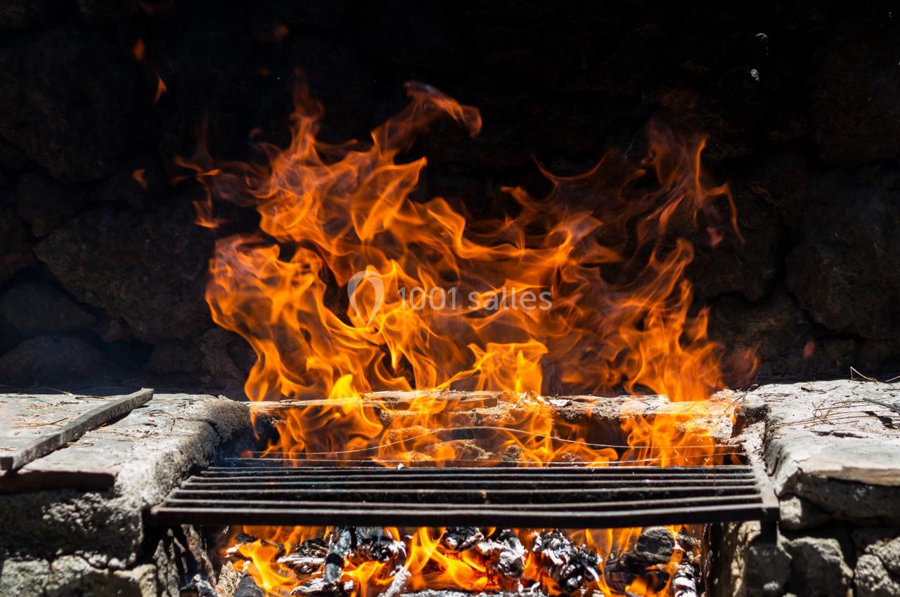Flammes vives s'élevant d'un feu de bois sous une grille métallique, entourées de pierres sombres.