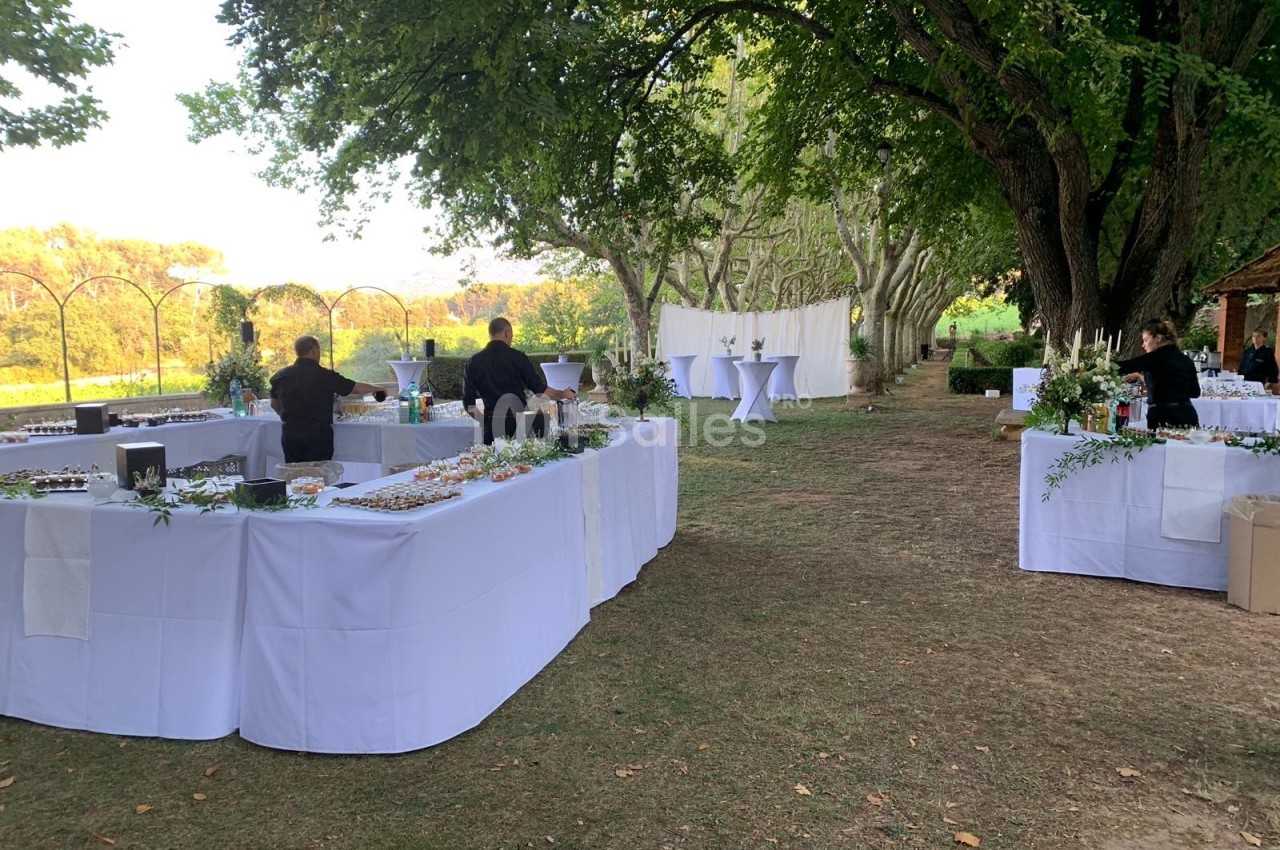 Tables dressées en extérieur pour un buffet, entourées d'arbres et de serveurs en préparation.