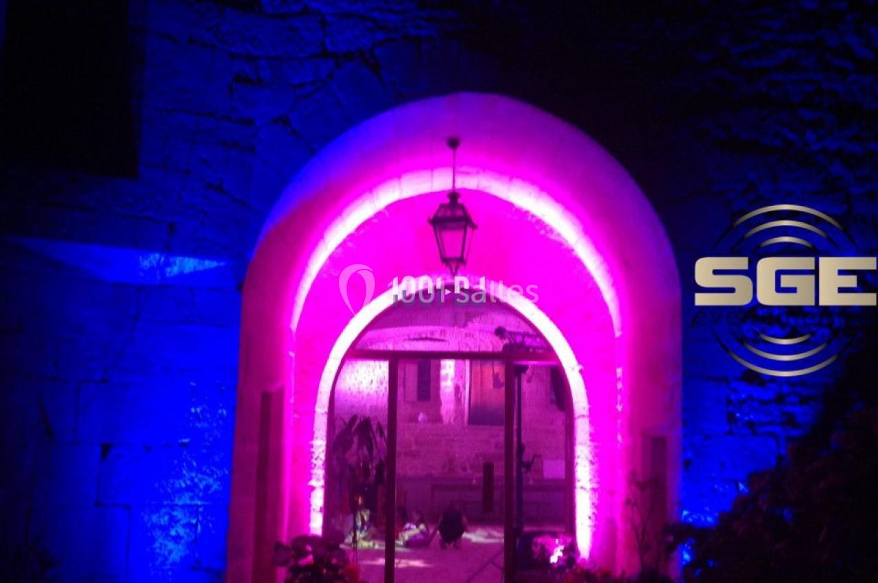 Entrée voûtée en pierre éclairée par des lumières roses et bleues, avec des plantes en pot de chaque côté.