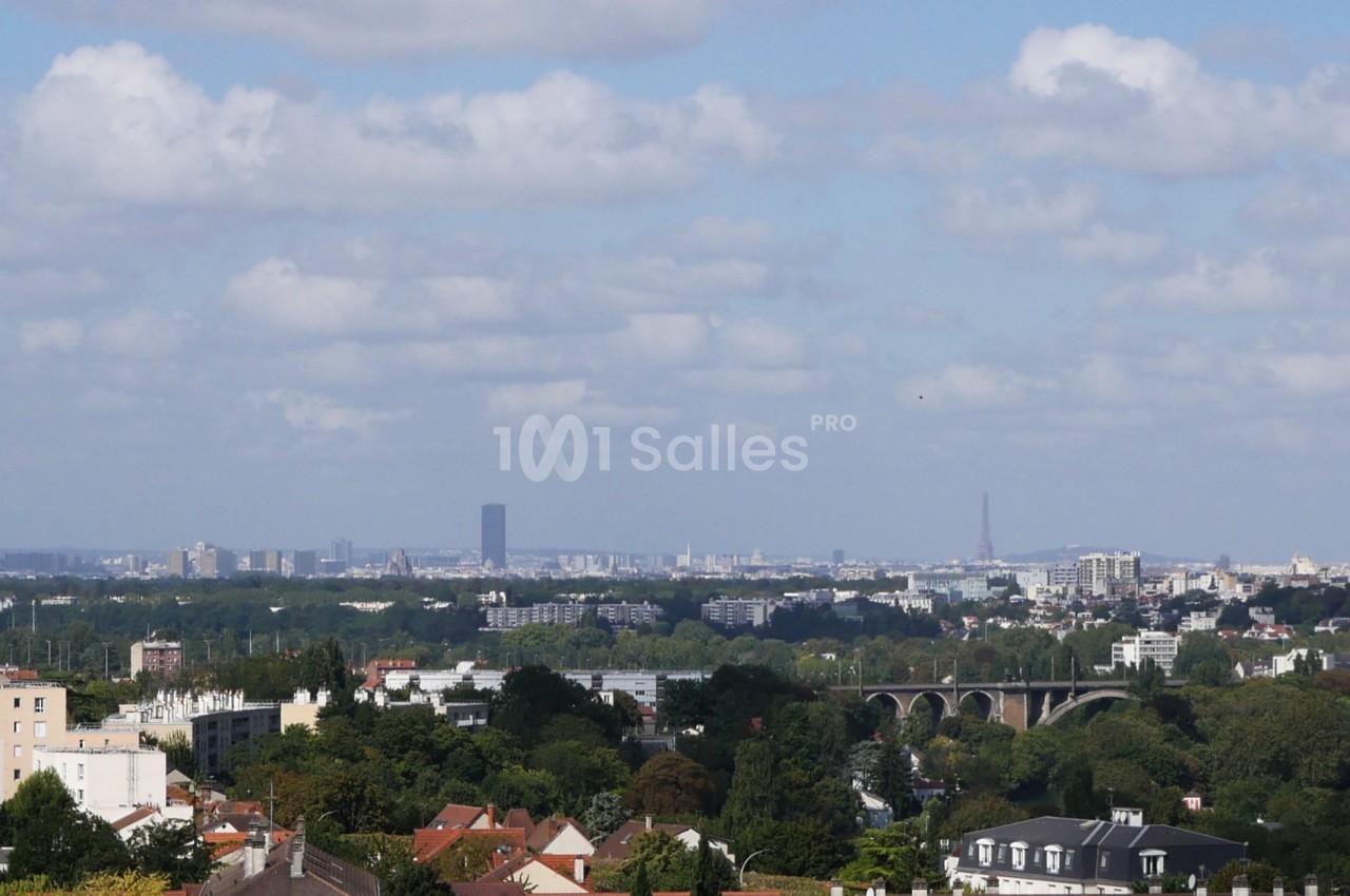 Vue panoramique sur une ville avec des immeubles, des ponts et des espaces verts sous un ciel partiellement nuageux.