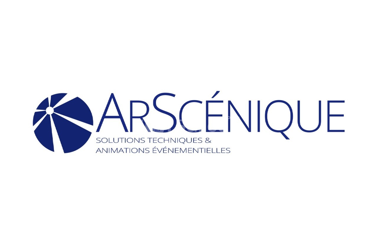 Logo de l'entreprise ArScénique avec un motif circulaire stylisé et le texte ’Solutions techniques & animations…