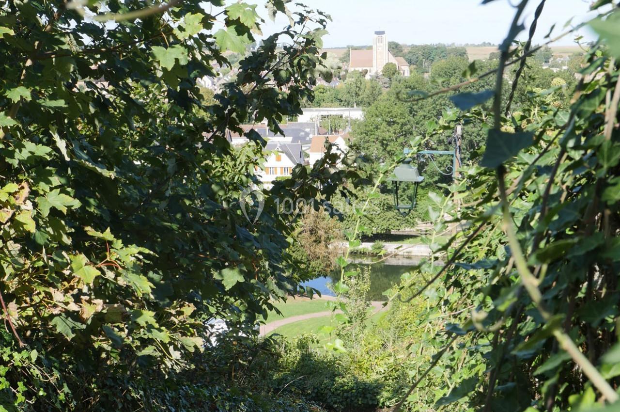 Vue d'un paysage urbain partiellement masqué par des feuillages, avec un étang et une tour en arrière-plan.