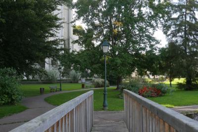 Façade d'un bâtiment historique en pierre blanche partiellement cachée par des arbres, sous une lumière ensoleillée.