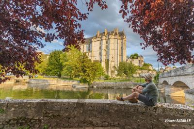 Étang calme entouré d'arbres, avec des nénuphars flottant à la surface et une petite berge en pierre à droite.