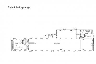 Plan architectural de la salle Léo Lagrange avec disposition des espaces, incluant cuisine, bar et salles annexes.