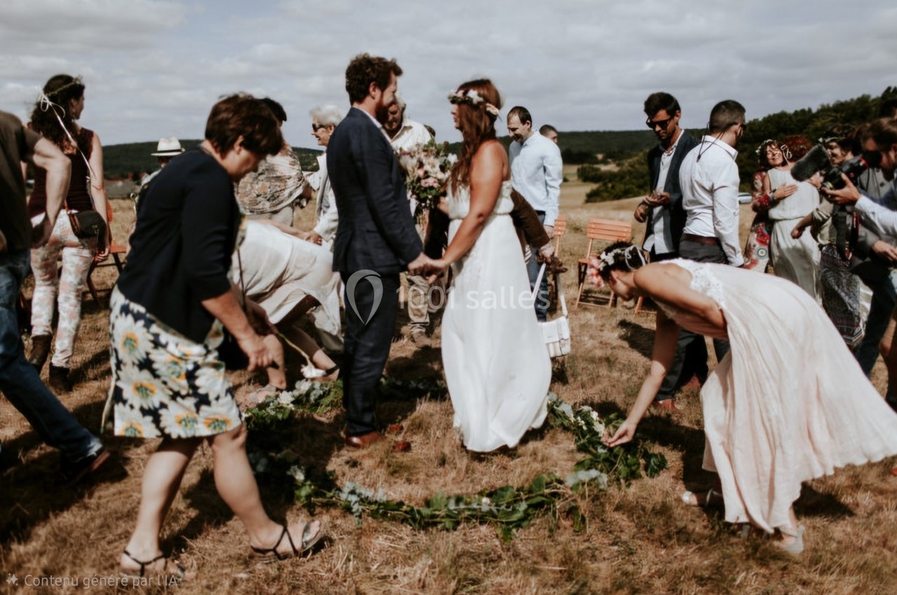 Un couple échange ses vœux au centre d'un cercle de feuillage, entouré d'invités en plein air.