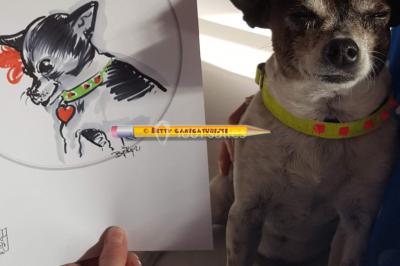 Un petit chien tenu dans les bras, à côté d'un dessin caricatural le représentant.