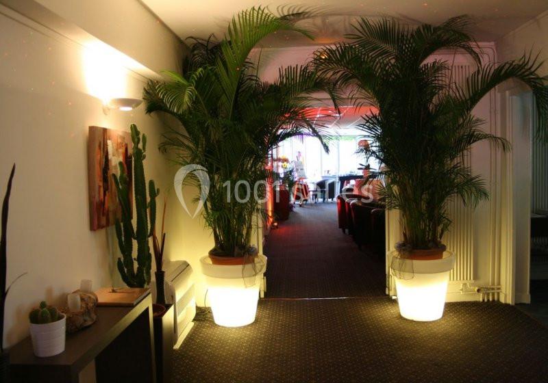 Couloir décoré de grandes plantes en pot et éclairé par des lumières tamisées menant à une salle aménagée.