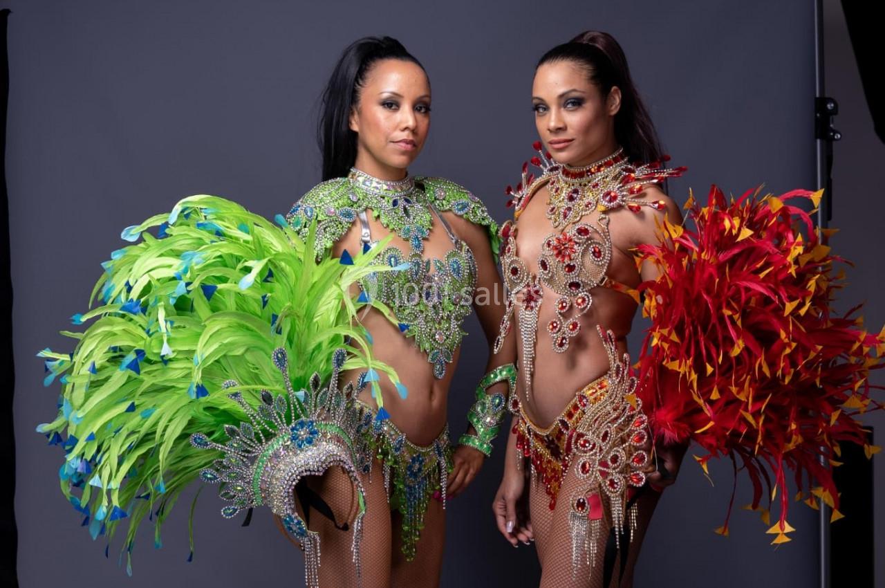 Deux femmes en costumes de carnaval ornés de plumes colorées, l'une en vert et l'autre en rouge, posent devant un fond…
