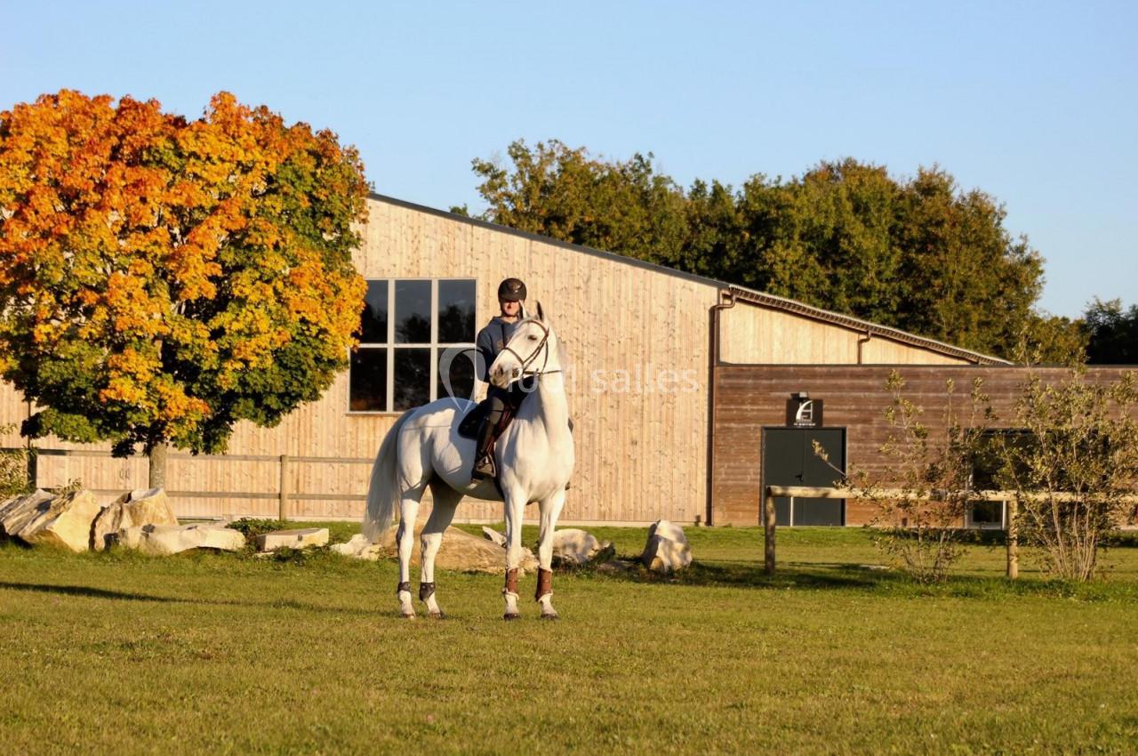 Une cavalière monte un cheval blanc dans un pré, devant un bâtiment en bois et un arbre aux feuilles colorées d'automne.