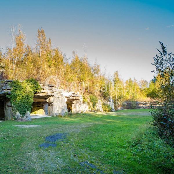 Vue d'une ancienne carrière entourée de végétation, avec des arbres et un ciel dégagé en arrière-plan.