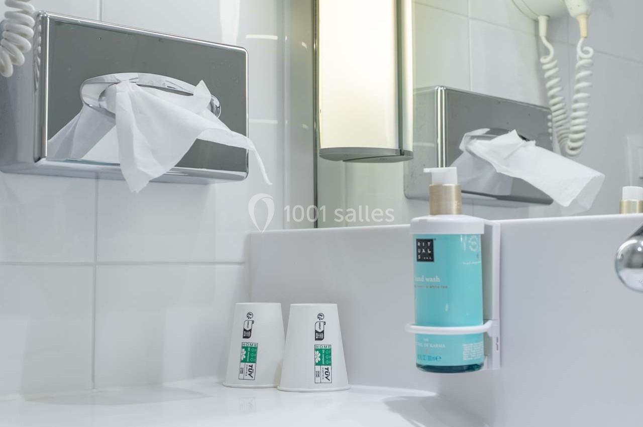 Location salle Orgeval (Yvelines) - Novotel Poissy Orgeval #40 Distributeur de mouchoirs, savon liquide et gobelets en plastique sur un lavabo dans une salle de bain lumineuse.