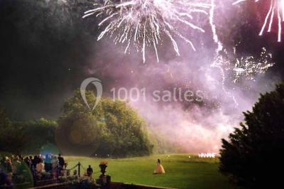 Miniature Location salle Lésigny (Seine-et-Marne) - Château de Lésigny #21 Feu d'artifice illuminant le ciel nocturne au-dessus d'un parc avec des spectateurs rassemblés sur une pelouse.