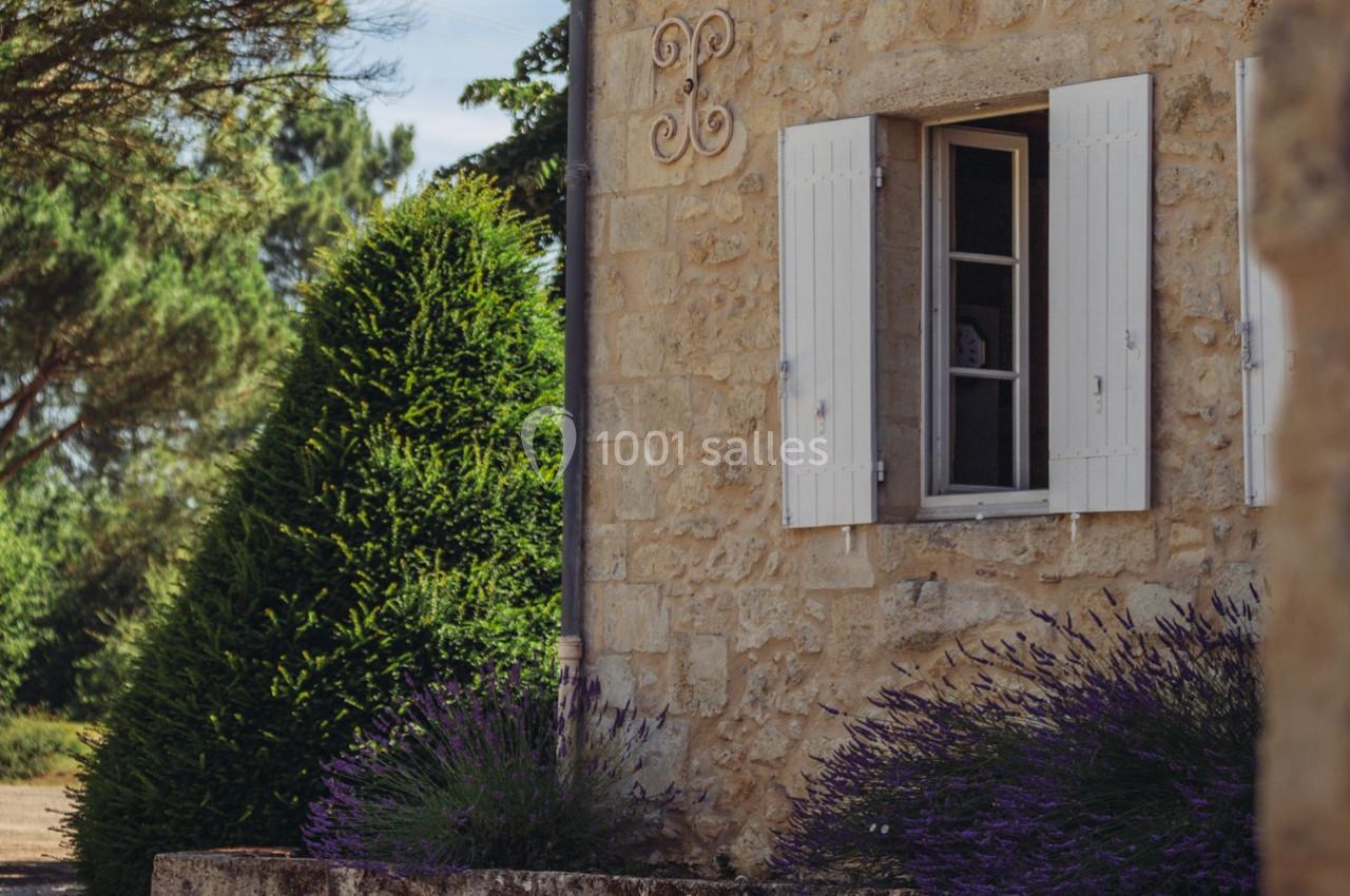 Façade en pierre d'une maison avec volets blancs ouverts, lavandes et haie verte au premier plan.
