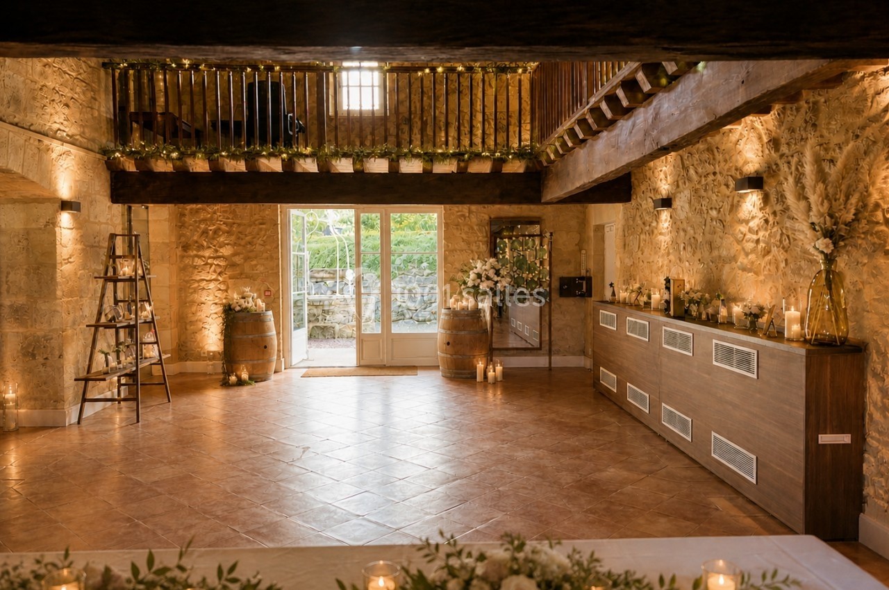 Salle de réception rustique avec murs en pierre, poutres apparentes, décorations florales et lumière naturelle.