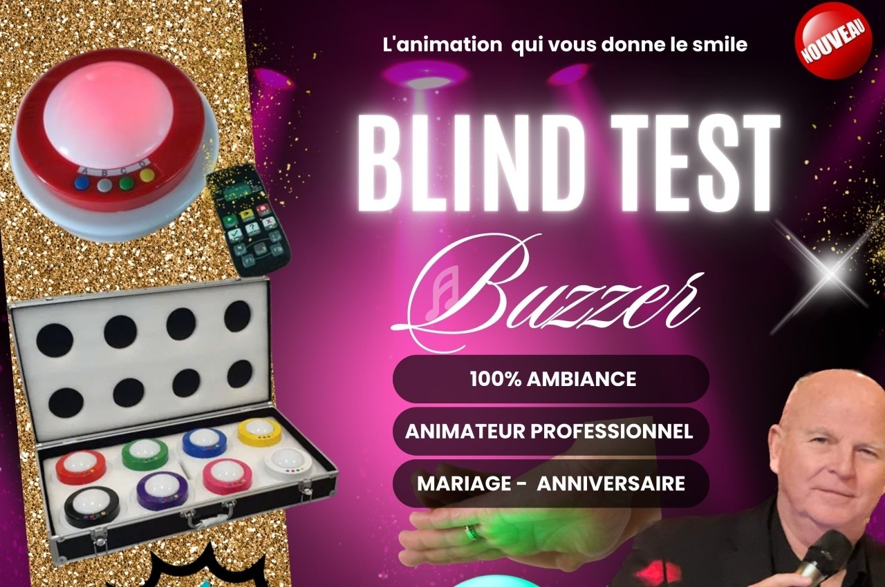 Image d'un buzzer lumineux avec télécommande, une mallette de buzzers colorés et un animateur sur fond festif.