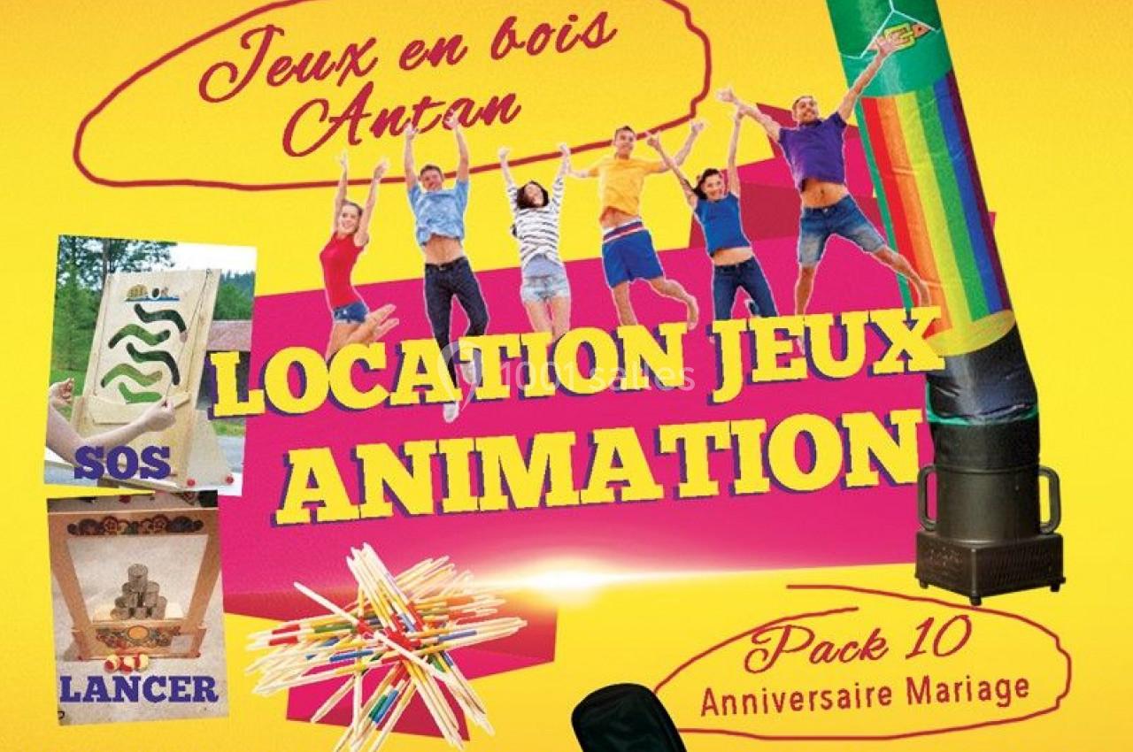 Affiche colorée présentant des jeux en bois traditionnels et des animations pour événements en plein air.