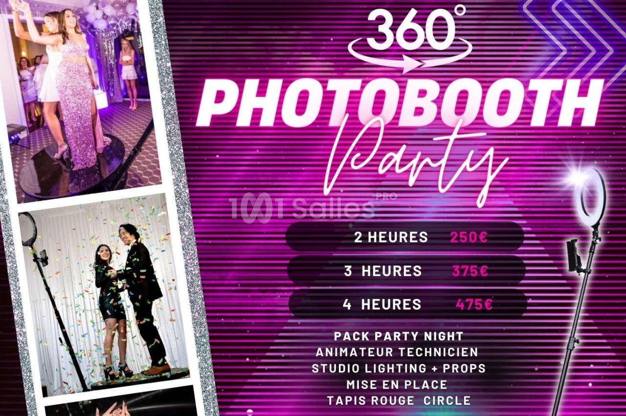 Photobooth 360° avec éclairage studio, accessoires, tapis rouge et animation pour soirées festives.