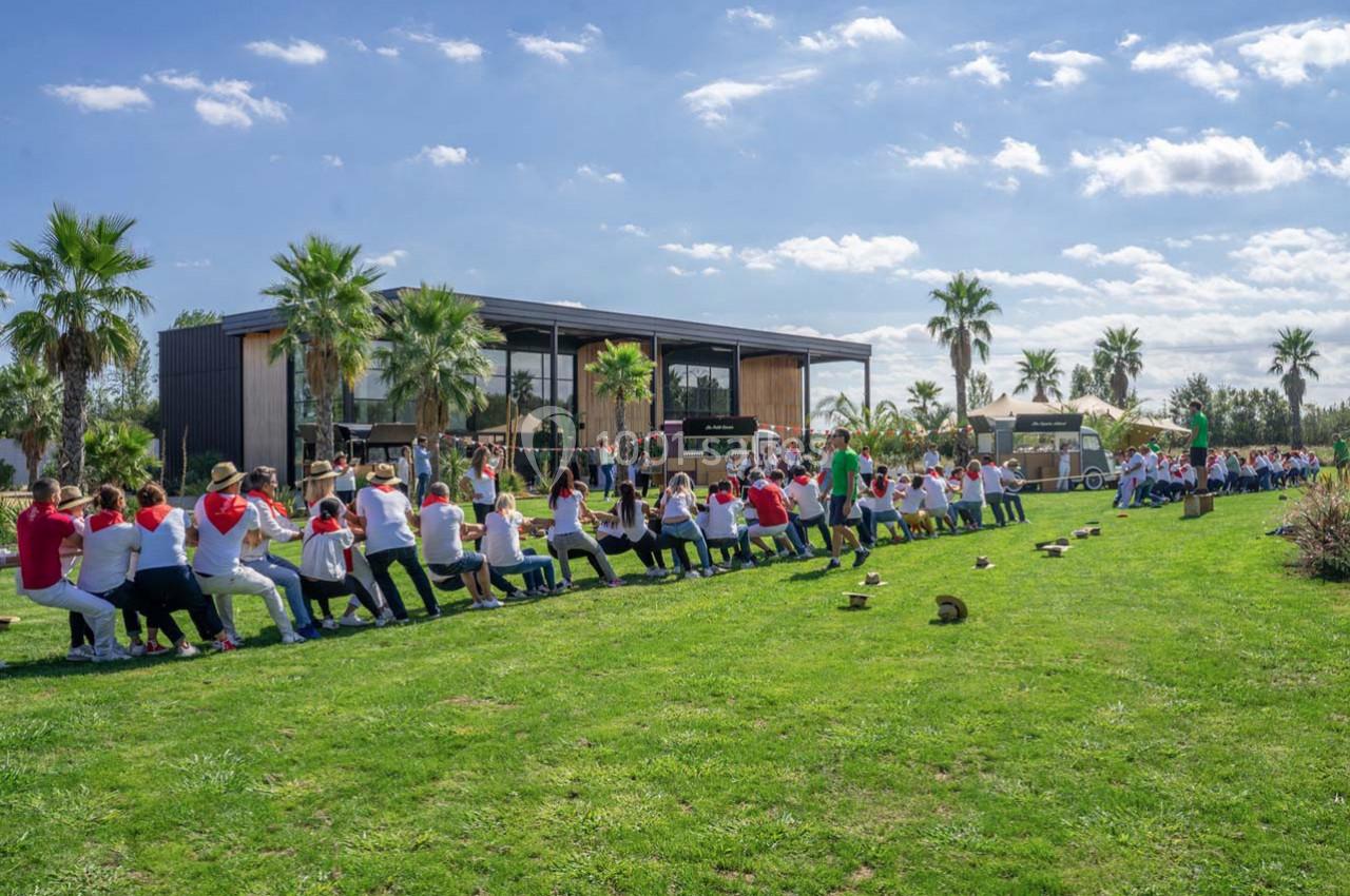 Un groupe de personnes participe à un tir à la corde sur une pelouse devant un bâtiment moderne entouré de palmiers.