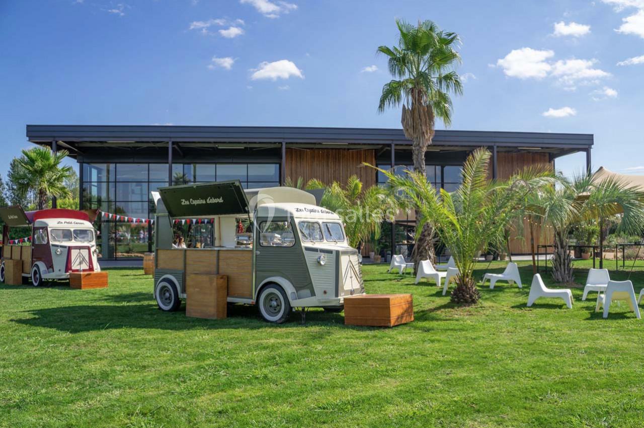 Deux food trucks vintage stationnés sur une pelouse, entourés de palmiers, devant un bâtiment moderne.