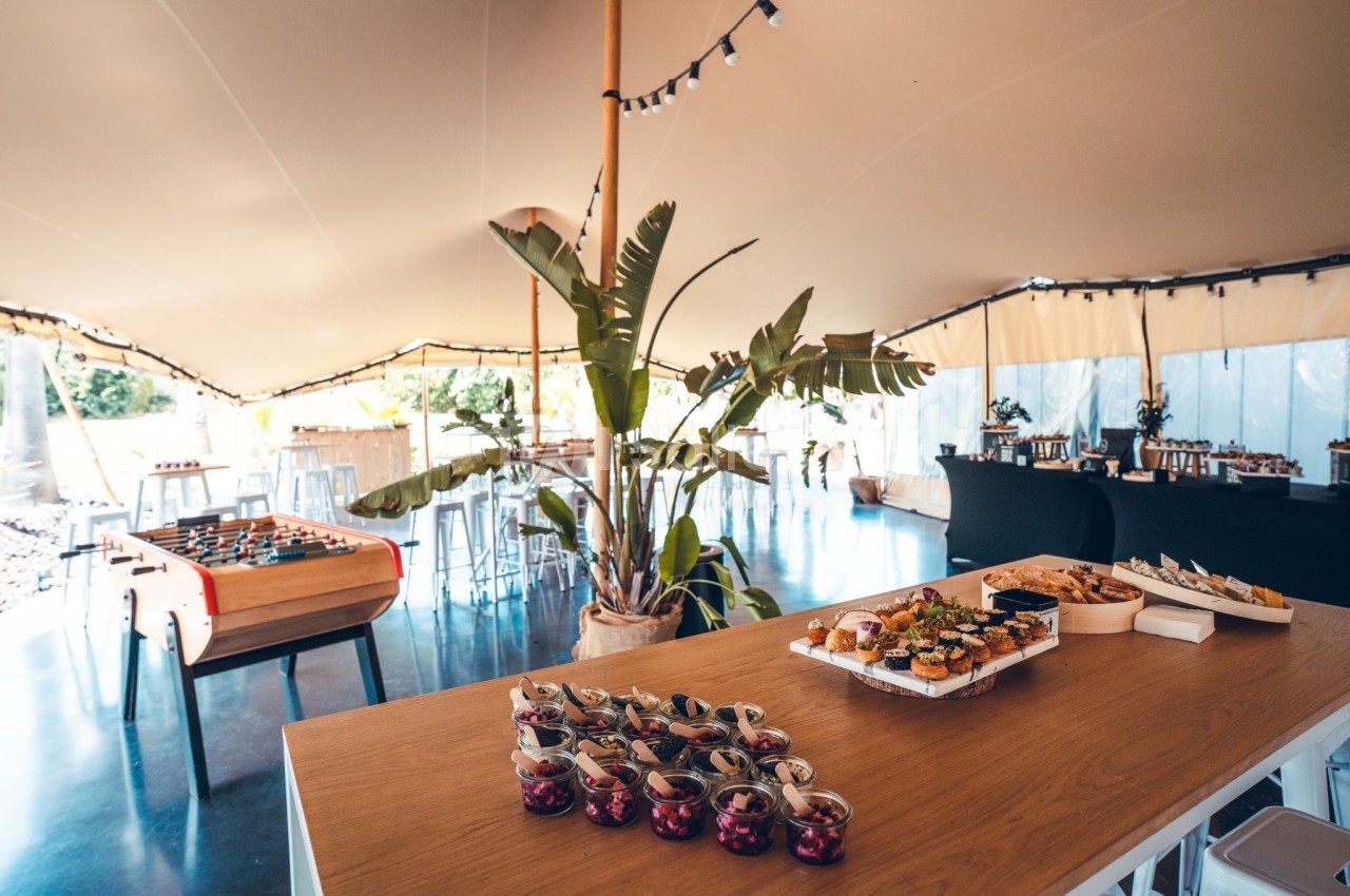 Buffet avec verrines, amuse-bouches et desserts sur une table en bois dans une tente lumineuse avec décor végétal.