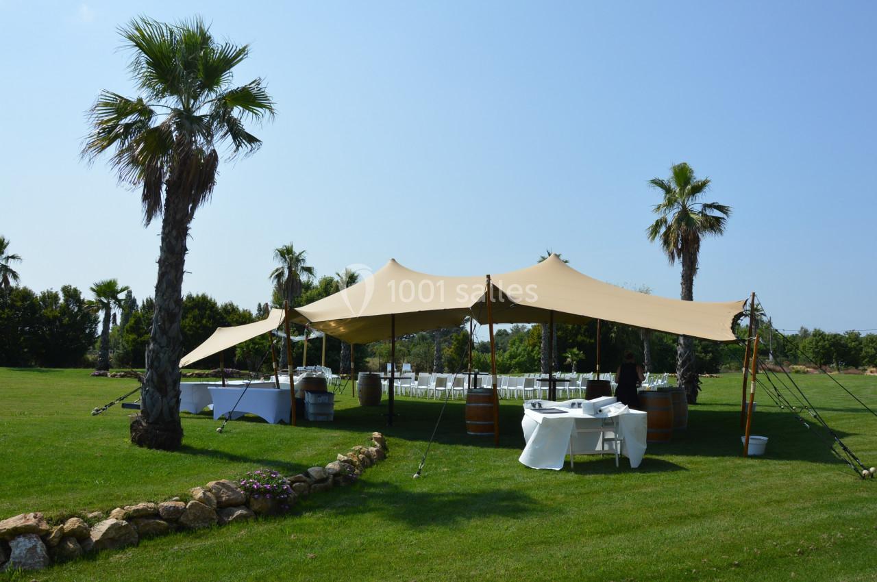 Tente beige installée sur une pelouse avec des tables dressées, entourée de palmiers sous un ciel dégagé.