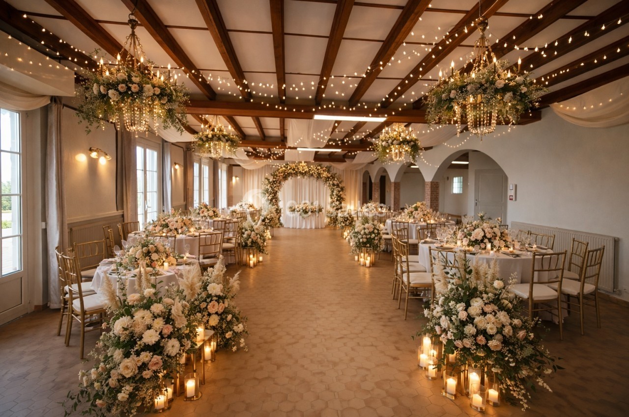 Salle de réception décorée pour un mariage avec des fleurs blanches, des chandelles et des guirlandes lumineuses suspendues.
