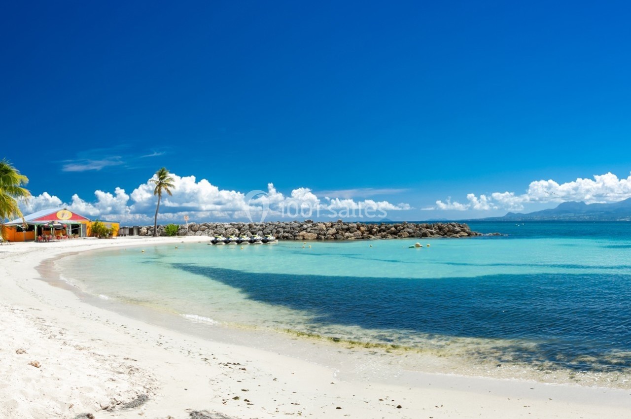 Plage de sable blanc bordée de palmiers avec eau turquoise, ciel dégagé et quelques bâtiments en arrière-plan.