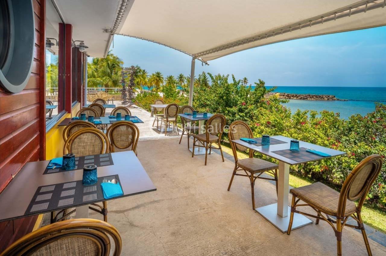 Terrasse d'un restaurant avec tables et chaises en rotin, vue sur la mer, palmiers et végétation tropicale en arrière-plan.