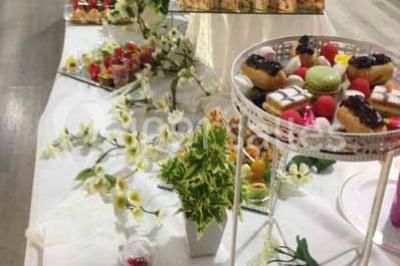 Plateaux de bouchées apéritives variées comprenant canapés, roulés, mini-brochettes et tartines décorées.