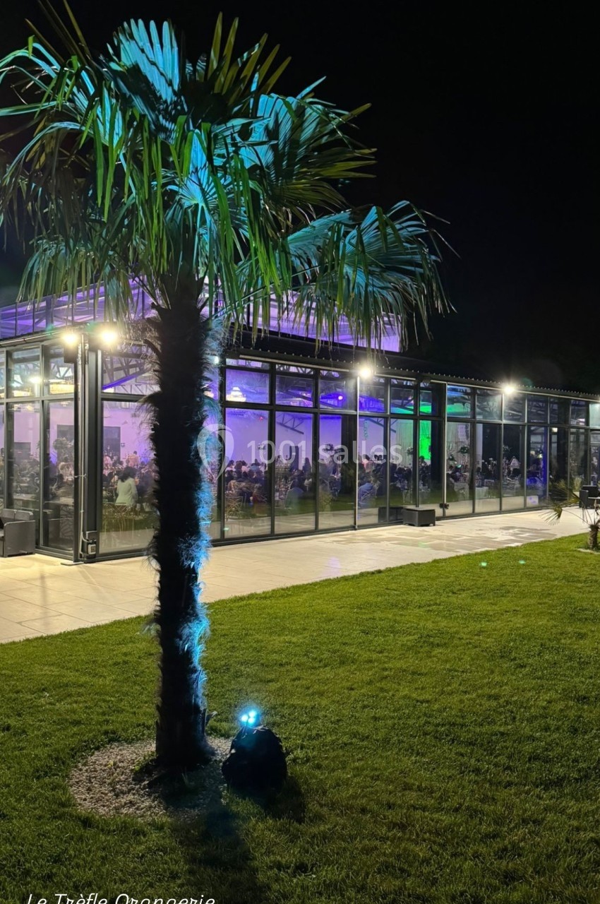 Vue nocturne d'une orangerie moderne éclairée, entourée de pelouse, avec un palmier illuminé au premier plan.