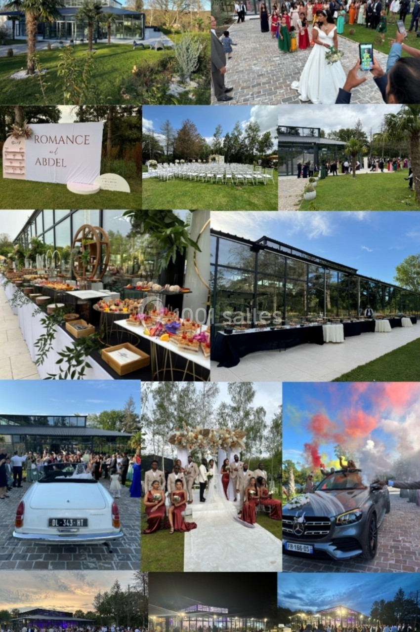 Montage de photos d'un mariage avec des invités, décorations, voitures, buffet et espaces extérieurs verdoyants.