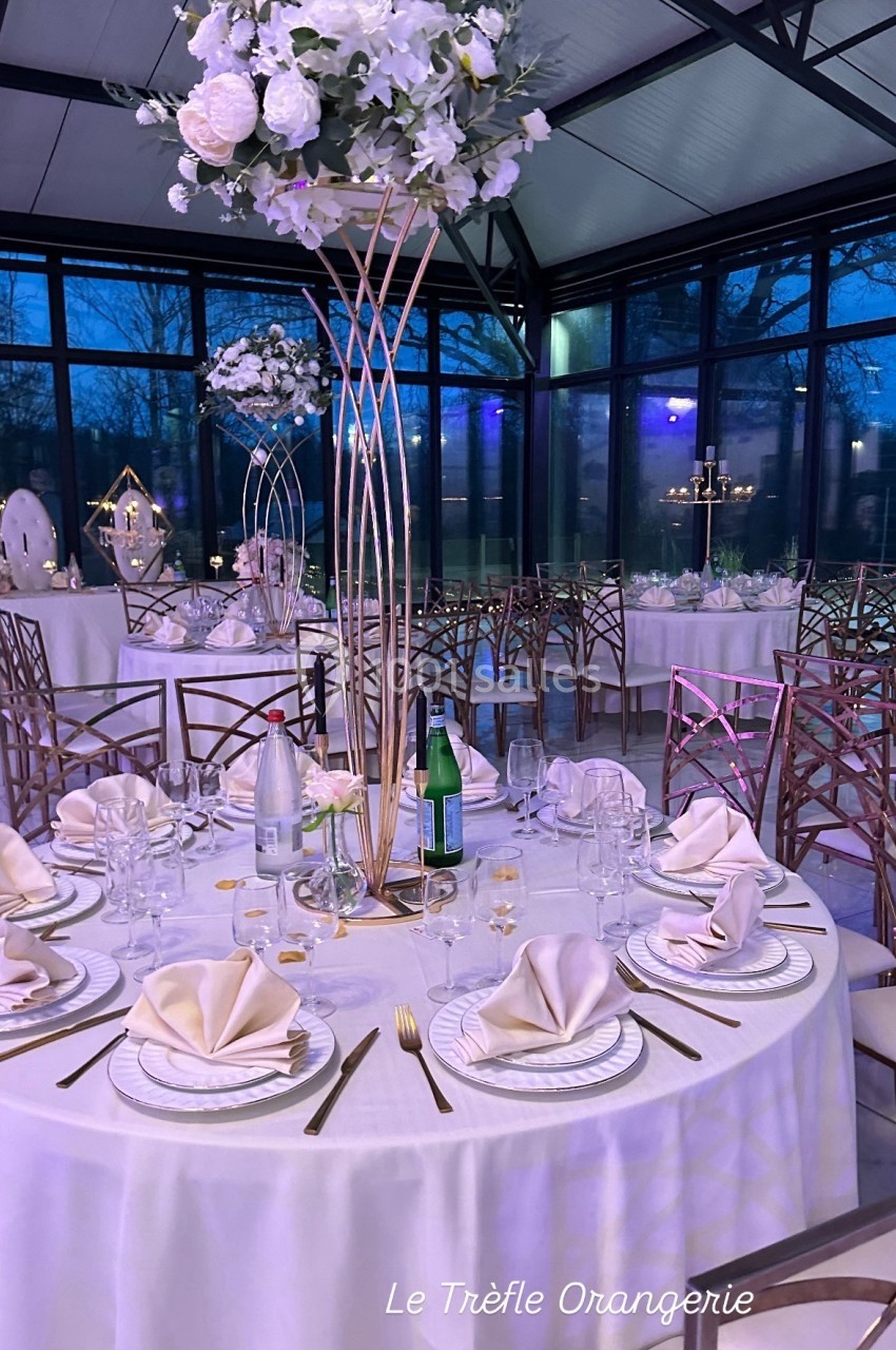 Table élégamment dressée avec nappes blanches, serviettes pliées, vaisselle raffinée et centre de table floral dans une…