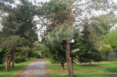 Des personnes assises en extérieur assistent à une cérémonie devant des tables décorées, près de chalets en bois.