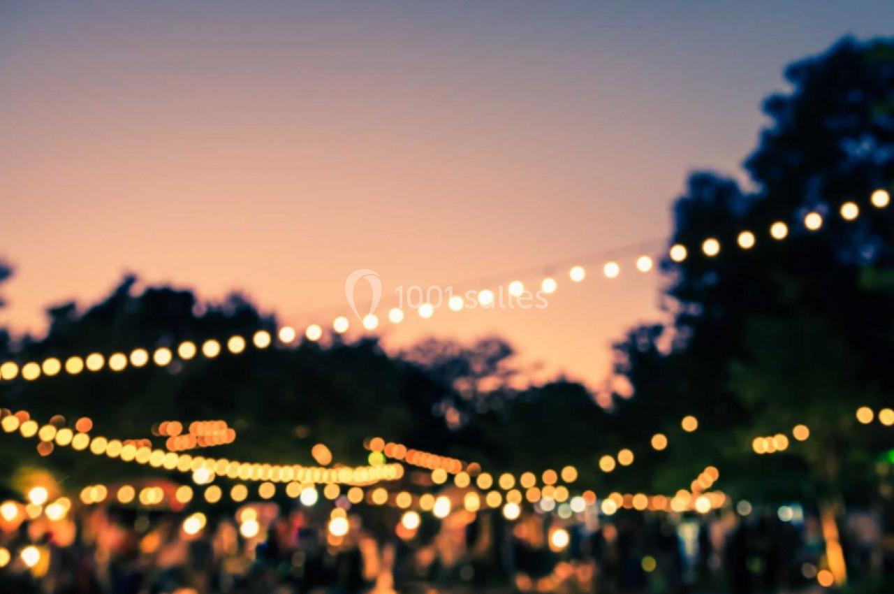 Guirlandes lumineuses suspendues dans un jardin au crépuscule, avec des arbres en arrière-plan flou.