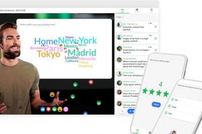 Deux personnes souriantes en visioconférence, avec un chat affichant des messages positifs à droite de l'écran.